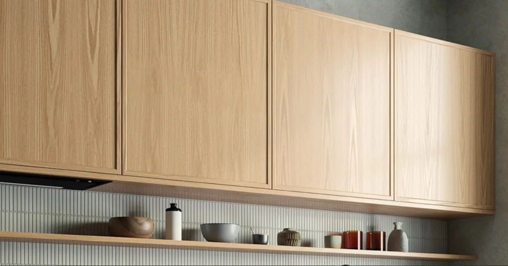 WOOD NATURA KONYHABÚTOR Magas 40es cargokosaras elem(1D14K40 ) WOOD NATURA felső szekrények natúr fa furnéros frontokkal közelről