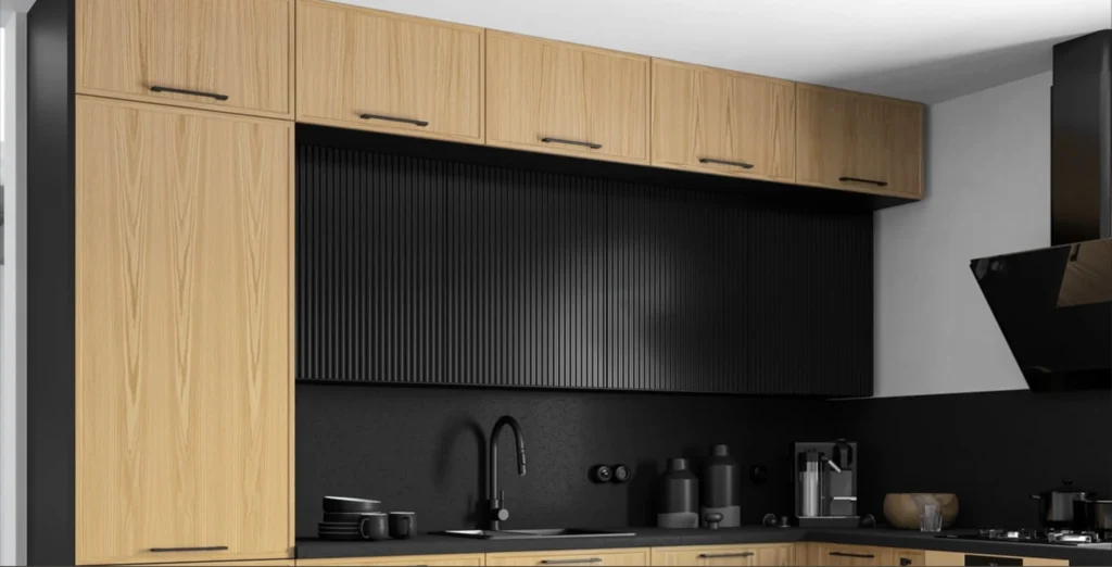 WOOD NATURA KONYHABÚTOR Magas 40es cargokosaras elem(1D14K40 ) WOOD NATURA modern konyhabútor fekete hátfallal és natúr fa frontokkal