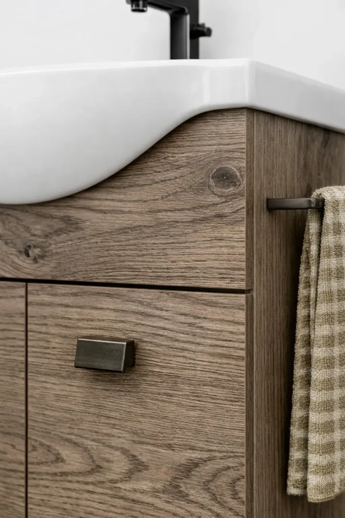 .ZAFFIRO 55 cm fürdőszoba bútor COMP.EMMA Magasfényű Fehér fronttal ZAFFIRO NEW fürdőszoba bútor közeli részlet Noce Americano famintával és fehér kerámia mosdóval