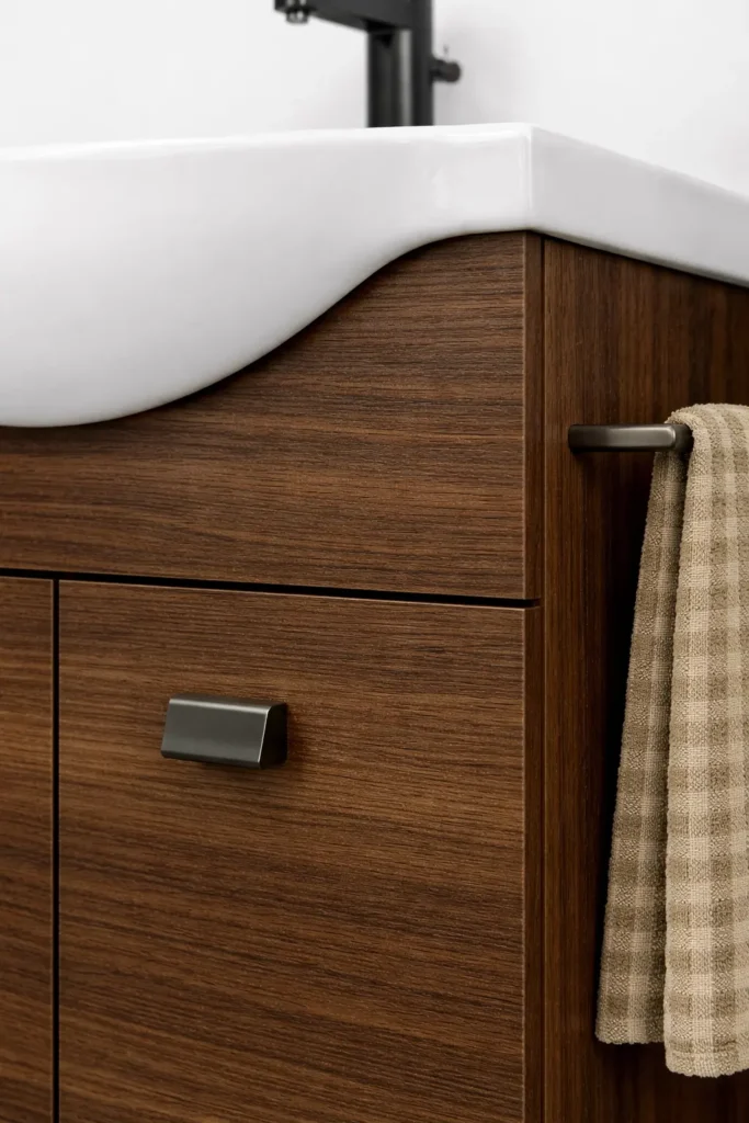 .ZAFFIRO 55 cm fürdőszoba bútor COMP.EMMA Magasfényű Fehér fronttal ZAFFIRO NEW fürdőszoba bútor közeli részlet Rovere Moka famintával és fehér mosdóval