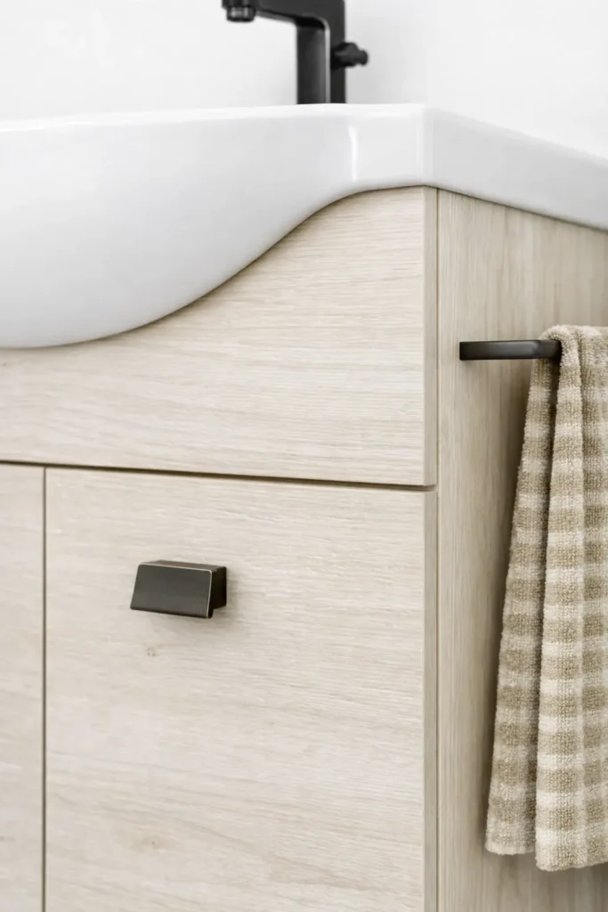 .ZAFFIRO 55 cm fürdőszoba bútor COMP.EMMA Magasfényű Fehér fronttal ZAFFIRO NEW fürdőszoba bútor közeli részlet Rovere Ghiaccio világos famintával