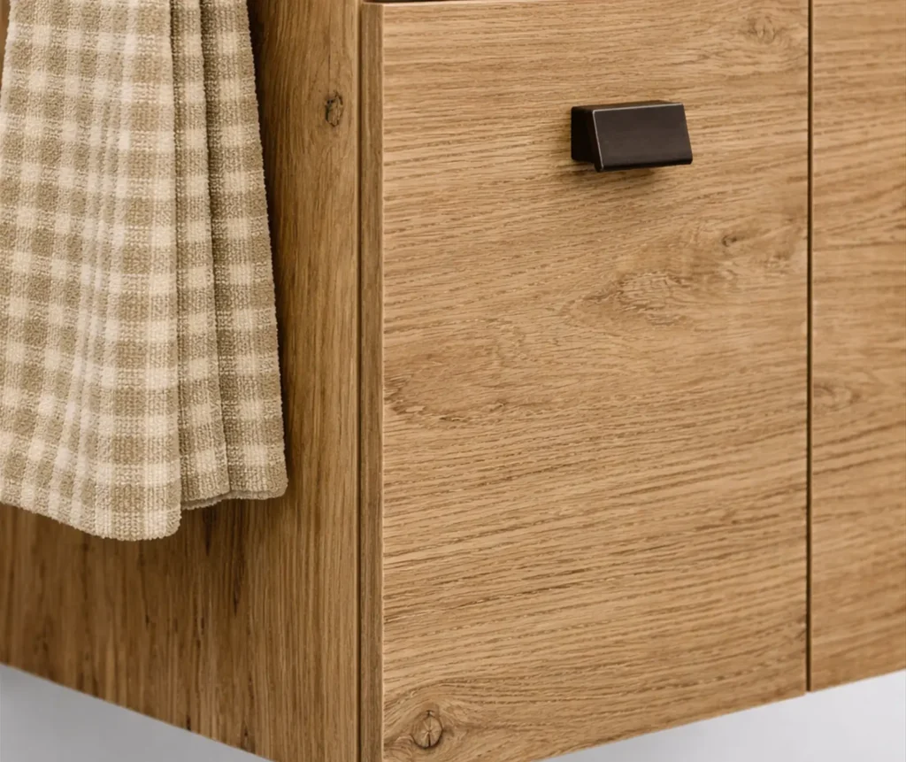 .ZAFFIRO 55 cm fürdőszoba bútor COMP.EMMA Magasfényű Fehér fronttal ZAFFIRO NEW fürdőszoba bútor közeli részlet Rovere Naturale famintával