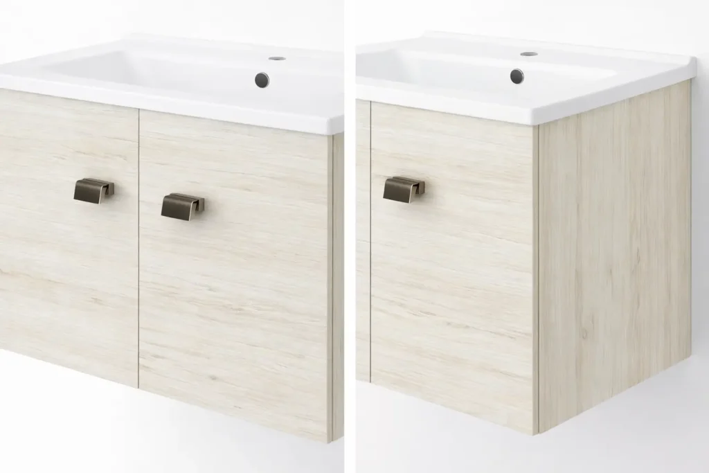 .ZAFFIRO 55 cm fürdőszoba bútor COMP.EMMA Magasfényű Fehér fronttal ZAFFIRO NEW fürdőszoba bútor Rovere Ghiaccio front- és oldalnézetben fehér mosdóval