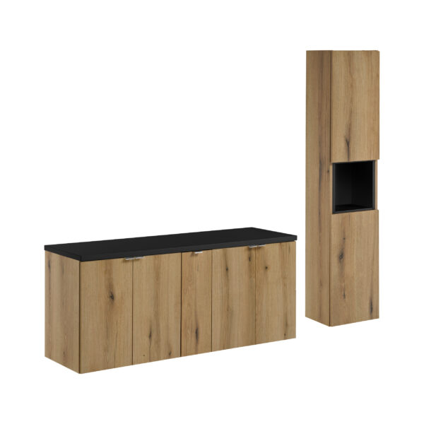 NOVA OAK komplett fürdőszoba bútor szett 140 cm – magas szekrénnyel SET-NOA B BLACK 140CM D HC