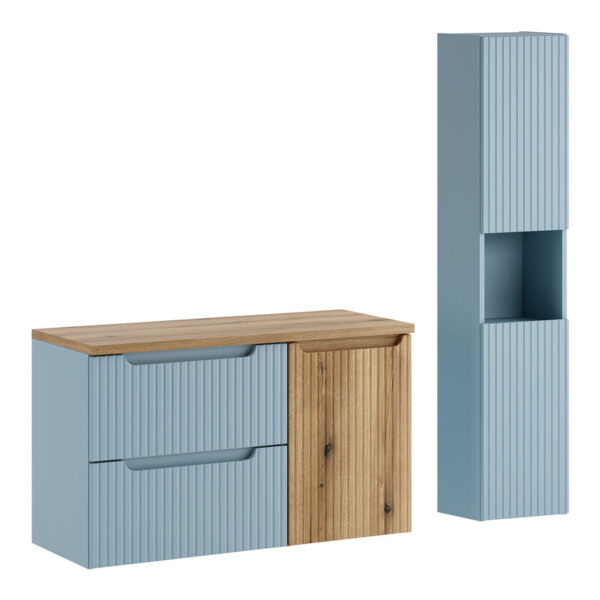 NOVA DENIM komplett fürdőszoba bútor szett 100 cm – asztallappal, ruháskosaras elemmel és magas szekrénnyel SET-NOD B OAK 100CM S LB HC