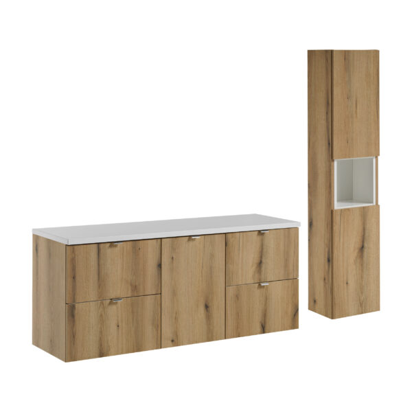 NOVA OAK komplett fürdőszoba bútor szett 140 cm – magas szekrénnyel SET-NOA B WHITE 140CM S HC