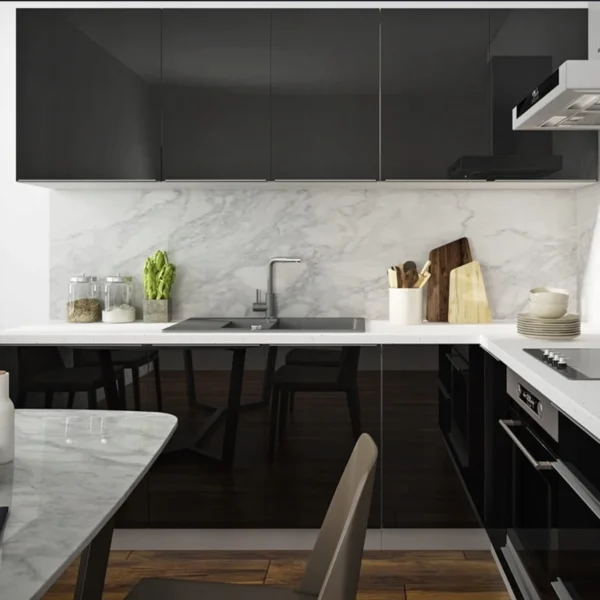 ESSEN fekete akryl magasfényű sarok konyhabútor világos munkalappal