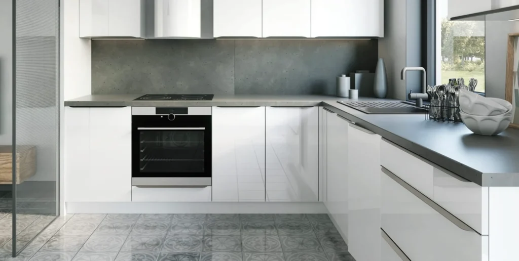 ESSEN KONYHABÚTOR Magas 40es cargokosaras elem(1D14K40 ) ESSEN fekete magasfényű konyhabútor közeli részlet márvány hátfallal