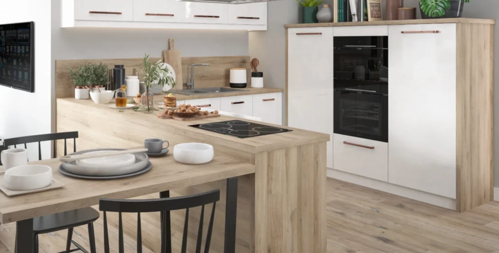 ESSEN KONYHABÚTOR Magas 40es cargokosaras elem(1D14K40 ) ESSEN fehér felsőszekrényes konyhabútor fa hátfallal és LED világítással