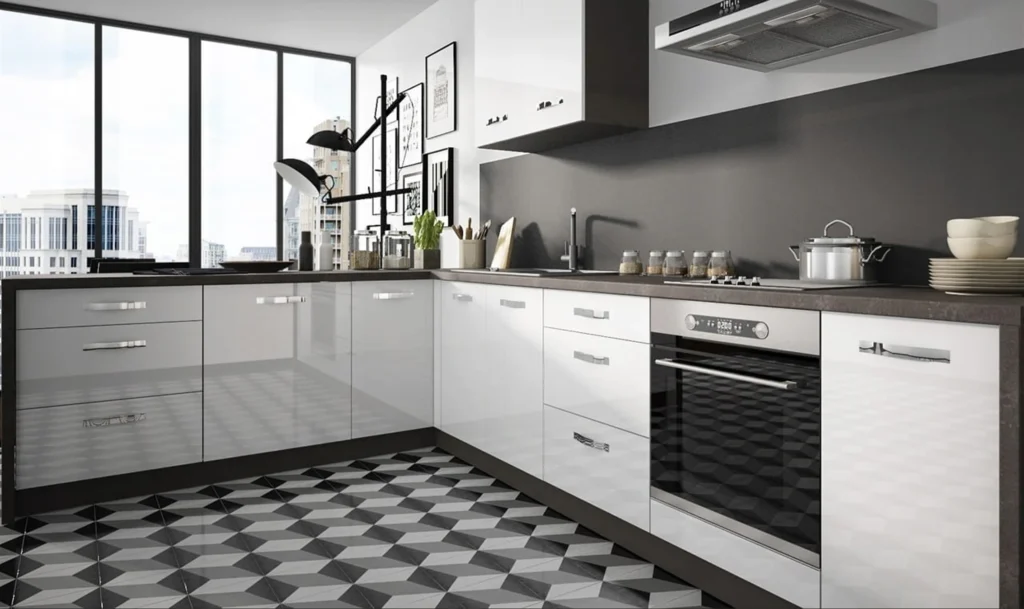 ESSEN KONYHABÚTOR Magas 40es cargokosaras elem(1D14K40 ) ESSEN fehér akryl magasfényű sarok konyhabútor szürke hátfallal