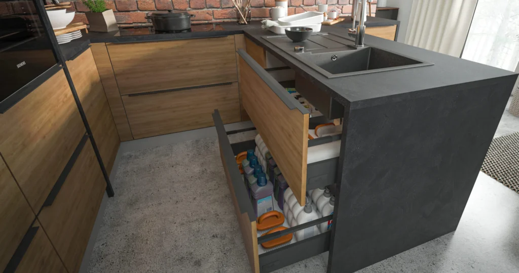 MALMO KONYHABÚTOR 3 FIÓKOS szekrény 60 cm (D3R60) MALMO fehér artisan konyhabútor közeli részlete étkezőasztallal