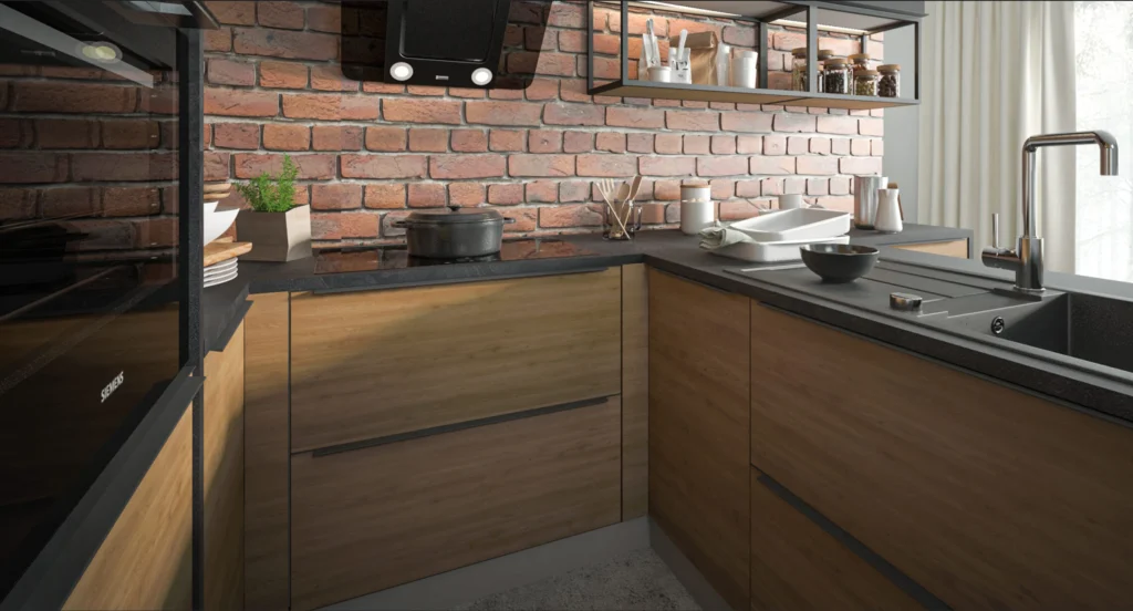 MALMO KONYHABÚTOR (D14DP3A) 1-ajtós 3 fiókos kamra szekr. 60 cm MALMO artisan és antracit konyhabútor közeli részlet fekete hátfallal