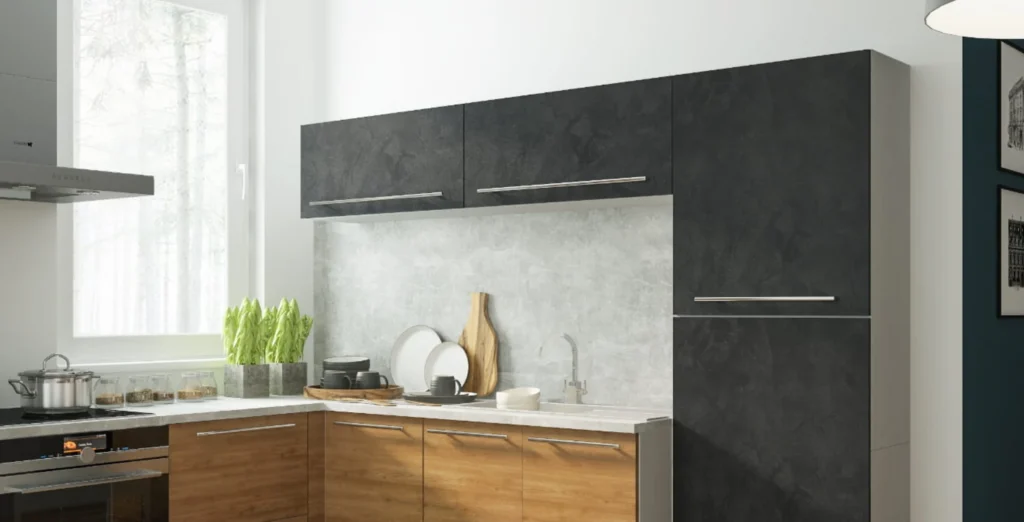 MALMO KONYHABÚTOR 3 FIÓKOS szekrény 60 cm (D3R60) MALMO zöld modern konyhabútor közeli enteriőr fém fogantyúkkal