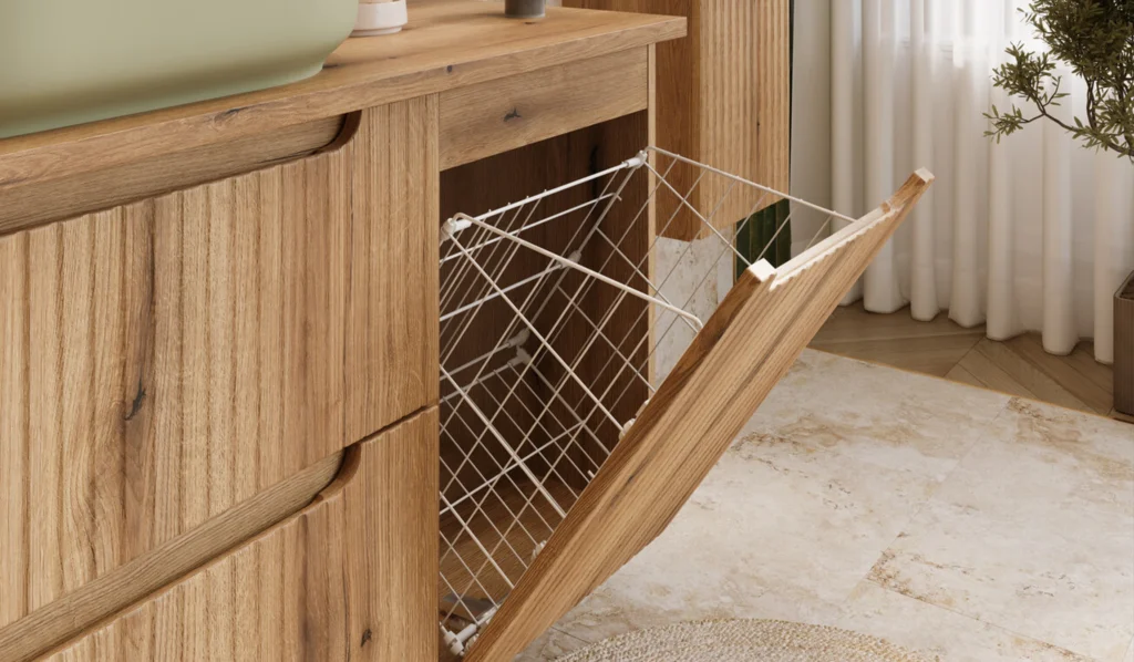 NOVA COAST EVOKE komplett fürdőszoba bútor szett 80 cm – SKY mosdóval – SET-NOCE 80CM S SKY 3 Nova Coast Evoke szennyeskosaras fürdőszoba szekrény nyitott állapotban