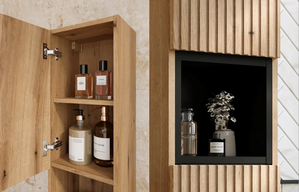 NOVA COAST EVOKE komplett fürdőszoba bútor szett 80 cm – SKY mosdóval – SET-NOCE 80CM S SKY 3 Nova Coast Evoke nyitott polcos és fekete fülkés magas szekrény részletképe