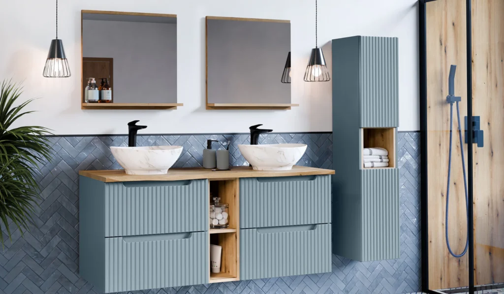 NOVA DENIM dupla mosdós fürdőszoba bútor tölgy munkalappal és magas szekrénnyel