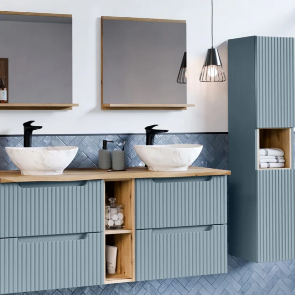 NOVA DENIM dupla mosdós fürdőszoba bútor tölgy munkalappal és magas szekrénnyel