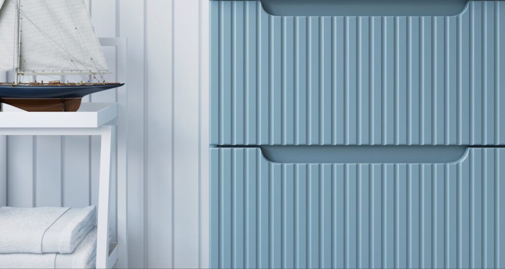 NOVA DENIM Mosdószekrény 60 cm 2 fiókos fürdőszoba bútor – NOVA DENIM 82-60-40-2S NOVA DENIM alsó szekrény bordázott fiókelőlapjainak részlete