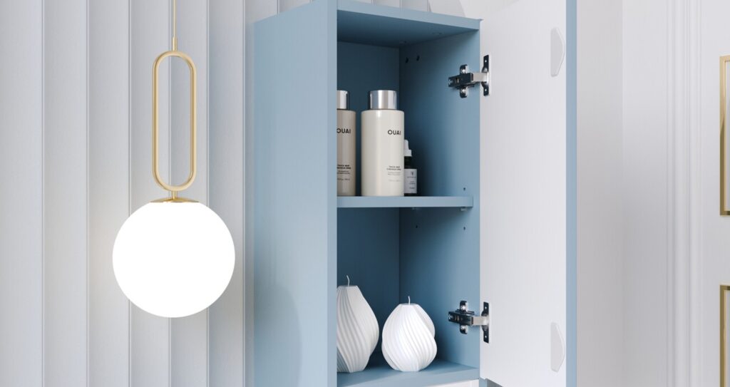 NOVA DENIM Mosdószekrény 60 cm 2 fiókos fürdőszoba bútor – NOVA DENIM 82-60-40-2S NOVA DENIM magas szekrény nyitott fülkéjének közeli részlete