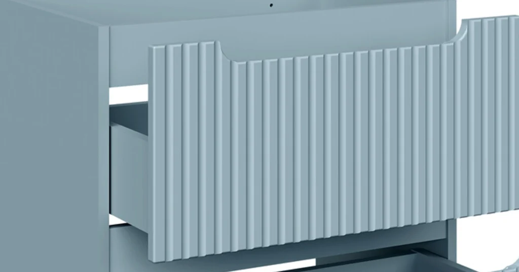 NOVA DENIM Mosdószekrény 60 cm 2 fiókos fürdőszoba bútor – NOVA DENIM 82-60-40-2S NOVA DENIM fiókos elem felső bordázott frontjának közelképe