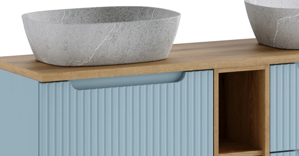 NOVA DENIM Mosdószekrény 60 cm 2 fiókos fürdőszoba bútor – NOVA DENIM 82-60-40-2S NOVA DENIM mosdószekrény tölgy munkalappal és nyitott középső polccal