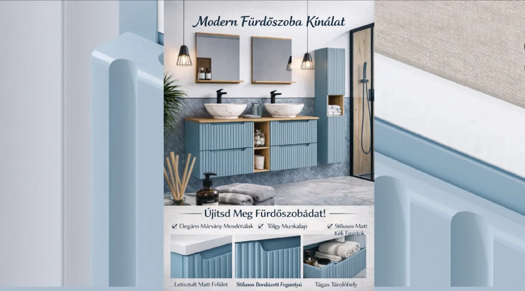 NOVA DENIM Mosdószekrény 60 cm 2 fiókos fürdőszoba bútor – NOVA DENIM 82-60-40-2S NOVA DENIM modern fürdőszoba bútor marketing poszter kék frontokkal és dupla mosdóval