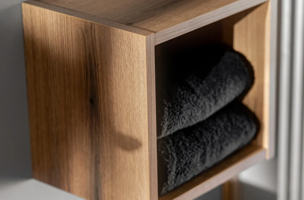 NOVA OAK nyitott fali tároló közeli képe összehajtott törölközőkkel