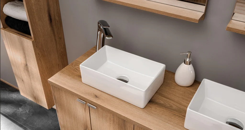 NOVA OAK dupla mosdós pult részlete fehér ráültethető mosdóval