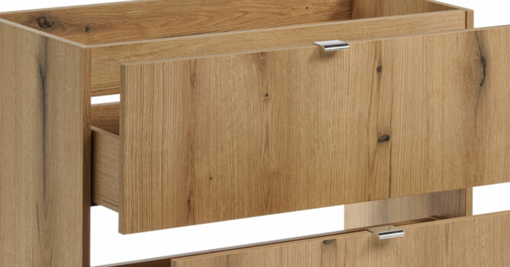 NOVA OAK fiókos mosdószekrény részben kihúzott fiókokkal