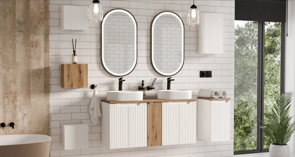 modern fürdőszoba bútor dupla mosdóval nova white kollekció