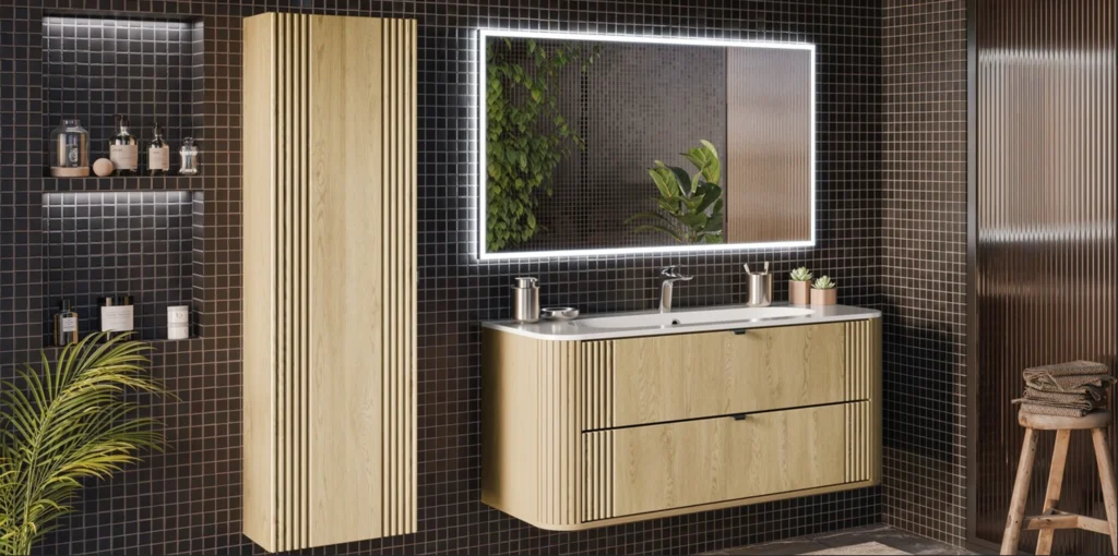 modern fürdőszoba bútor szett fa hatású fronttal és LED tükörrel