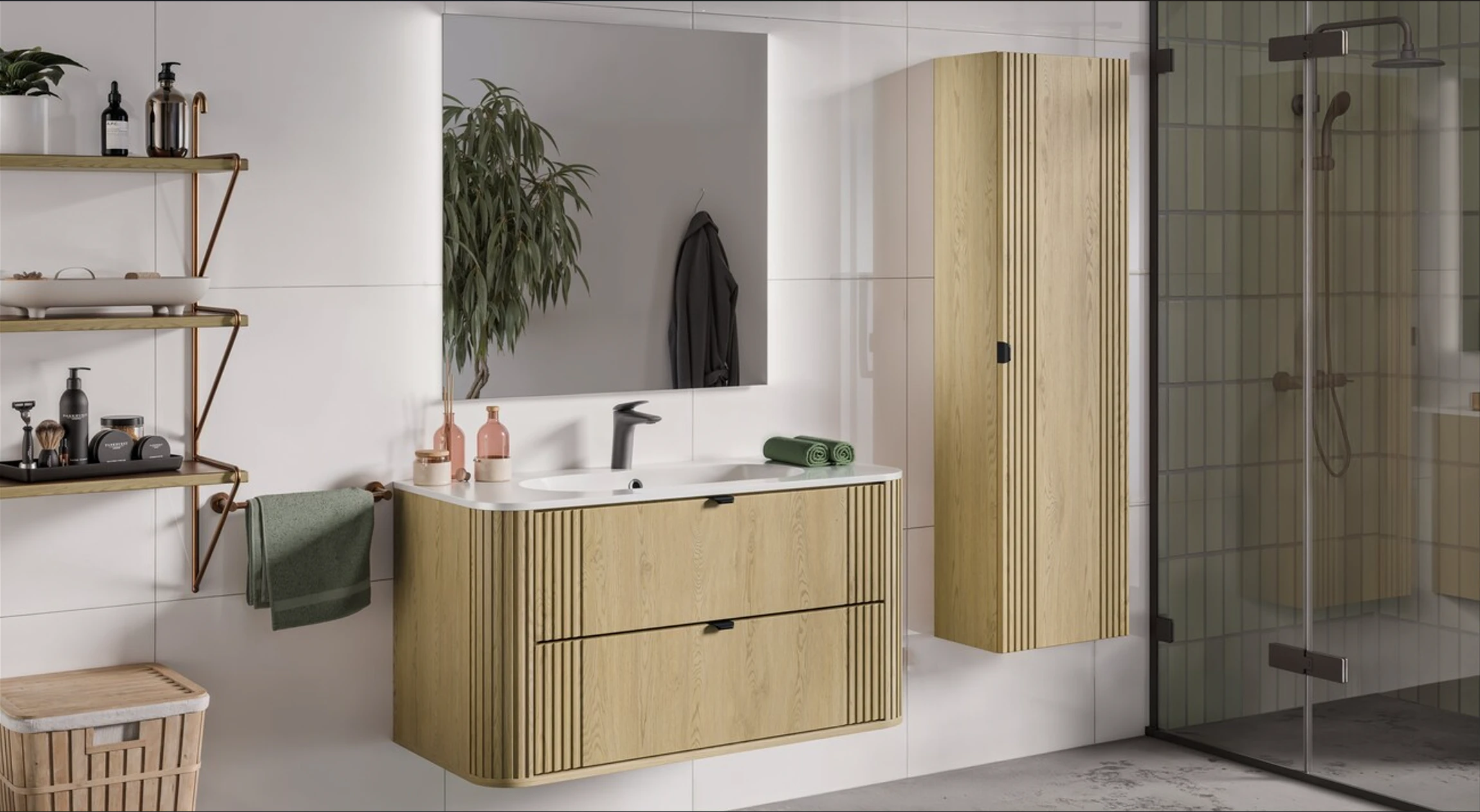 elemes fürdőszoba bútor világos térben növény dekorációval