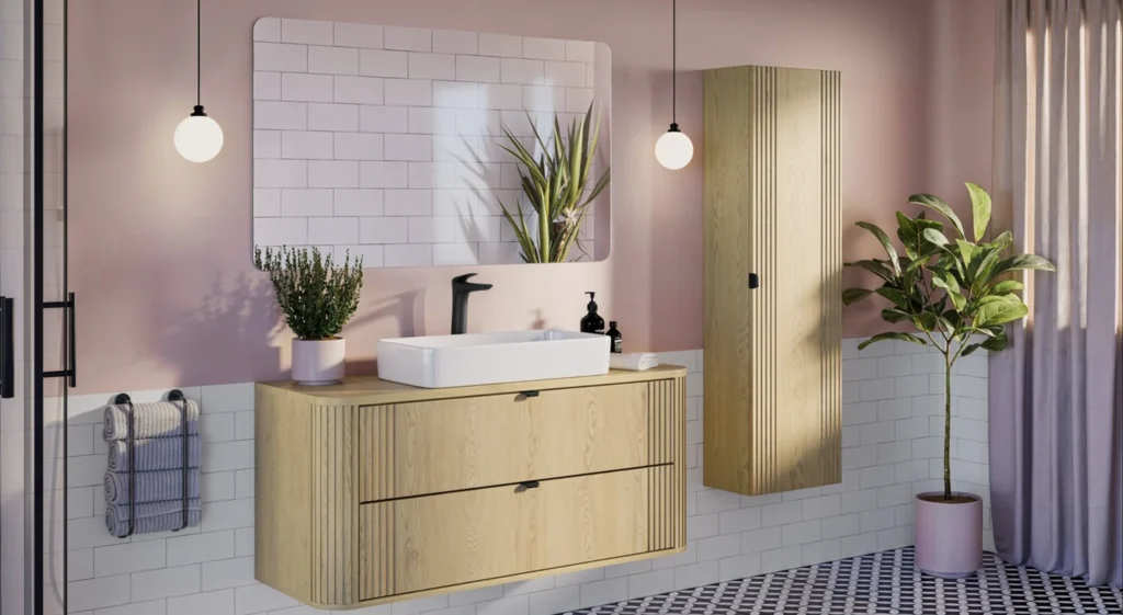 modern fürdőszoba bútor szett zuhanyzó mellett