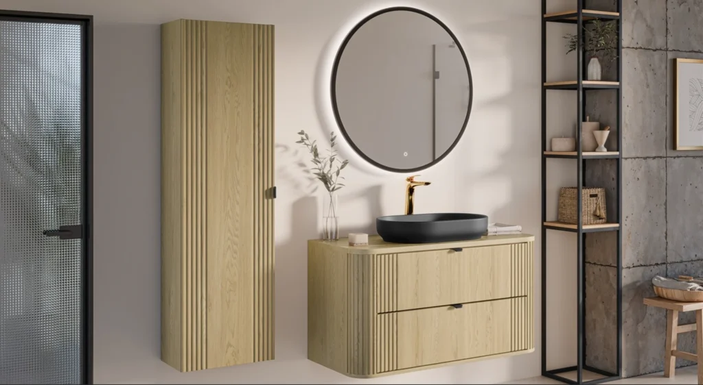 modern mosdószekrény kör alakú tükörrel