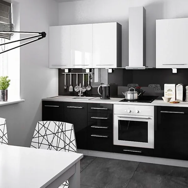 PLATINUM fekete-fehér magasfényű konyhabútor egyenes elrendezésben