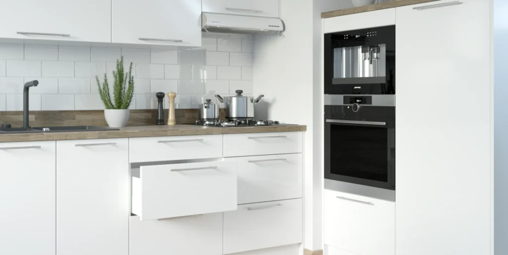 PLATINUM KONYHABÚTOR Magas 40es cargokosaras elem(1D14K40 ) PLATINUM fekete magasfényű alsó frontok közeli részlete fa munkalappal