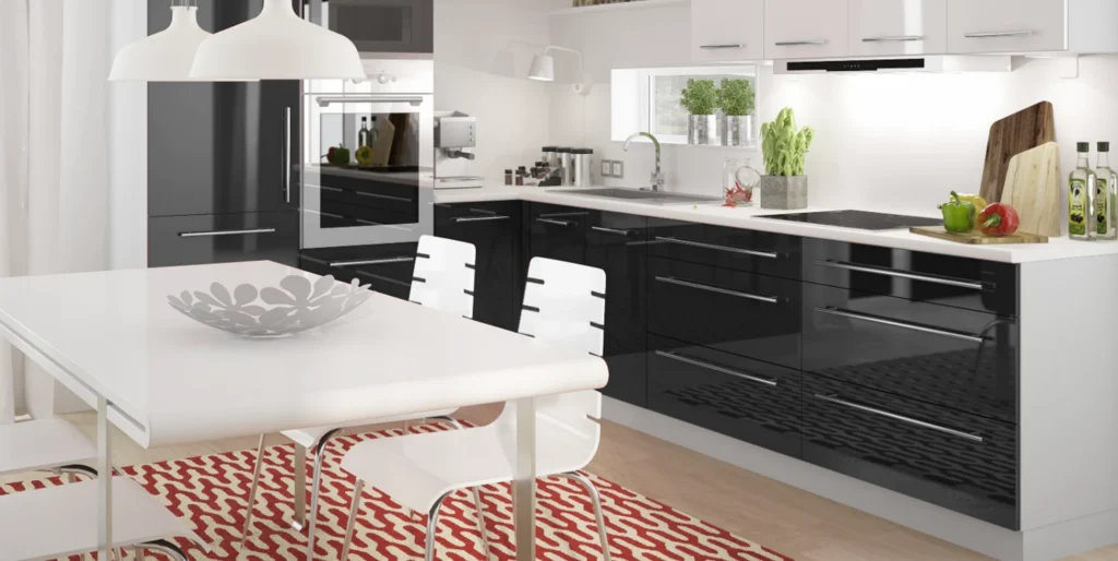 PLATINUM KONYHABÚTOR Magas 40es cargokosaras elem(1D14K40 ) PLATINUM fekete magasfényű mini konyhabútor geometrikus csempe háttérrel