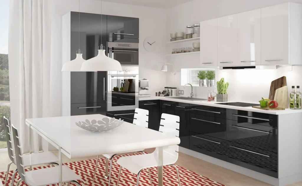 PLATINUM KONYHABÚTOR Magas 40es cargokosaras elem(1D14K40 ) PLATINUM fekete-fehér L alakú magasfényű konyhabútor étkezővel