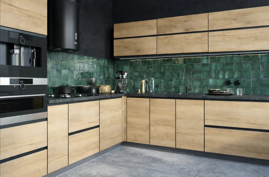 TREVISO konyhabútor Dab Halifax-Black sarokösszeállítás sötét munkalappal és zöld csempével