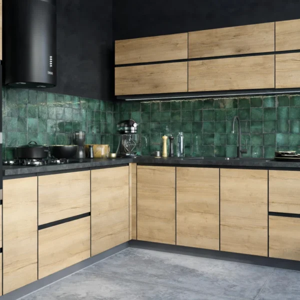 TREVISO konyhabútor Dab Halifax-Black sarokösszeállítás sötét munkalappal és zöld csempével