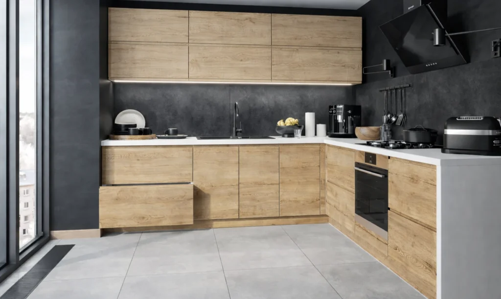 TREVISO konyhabútor Dab Halifax sarokösszeállítás sötét hátfallal és fehér munkalappal