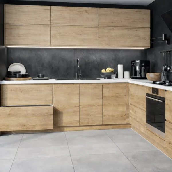 TREVISO konyhabútor Dab Halifax sarokösszeállítás sötét hátfallal és fehér munkalappal