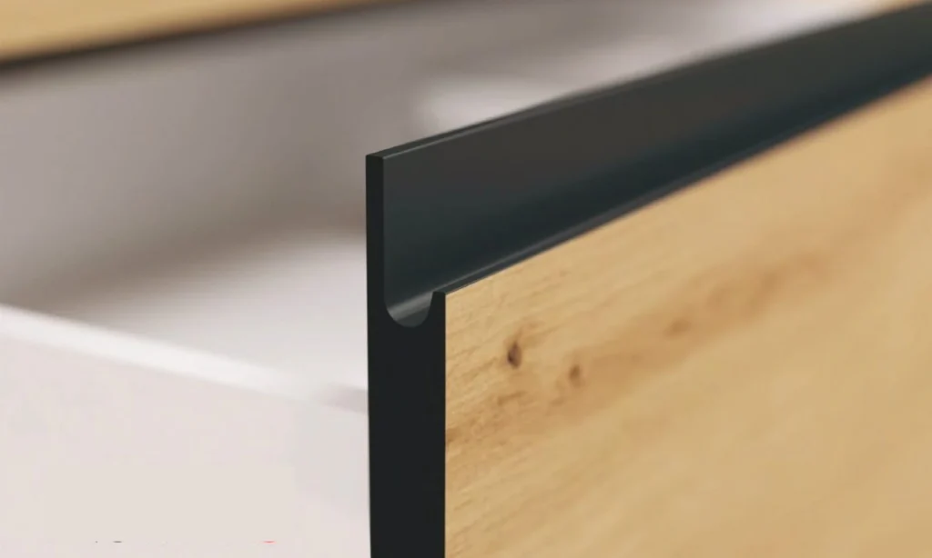 TREVISO ELEMES KONYHABÚTOR 1-ajtós szekrény 60 cm_JOBBOS(D1D 60 P) TREVISO konyhabútor közeli részlete fekete élprofilos fogantyúval és világos laminált fronttal