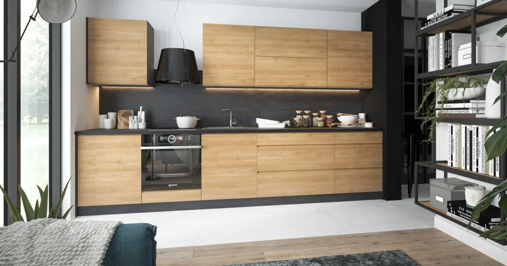 TREVISO konyhabútor egyenes összeállítása fa hatású frontokkal és fekete páraelszívóval