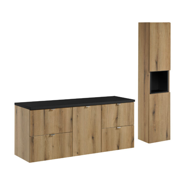NOVA OAK komplett fürdőszoba bútor szett 140 cm – magas szekrénnyel SET-NOA B BLACK 140CM S HC