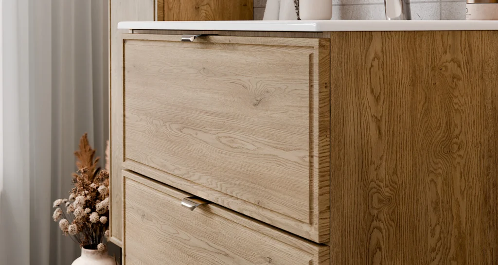 TERRA CREMONA fürdőszoba bútor szett 120 cm – SET-TEC B CREMONA 120CM fa mintás fiókos fürdőszoba bútor front részlet