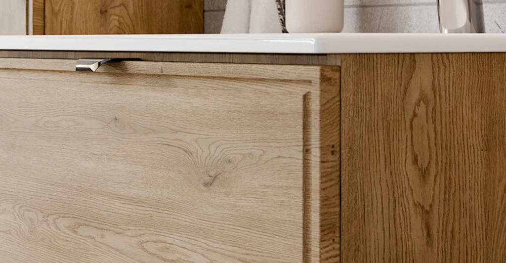 TERRA CREMONA fürdőszoba bútor szett 120 cm – SET-TEC B CREMONA 120CM fiók front részlet fa mintával