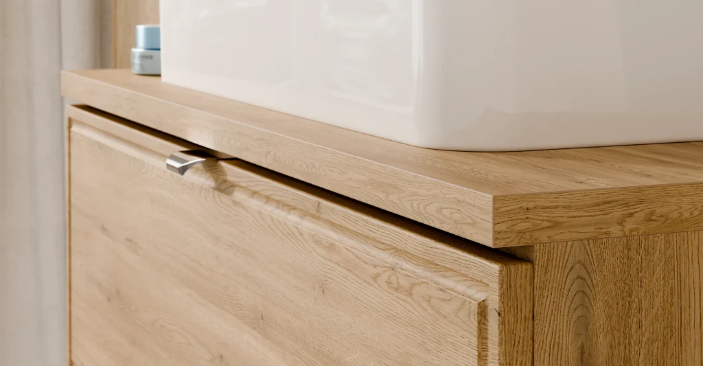 TERRA CREMONA fürdőszoba bútor szett 120 cm – SET-TEC B CREMONA 120CM mosdószekrény fa felület és mosdó találkozás