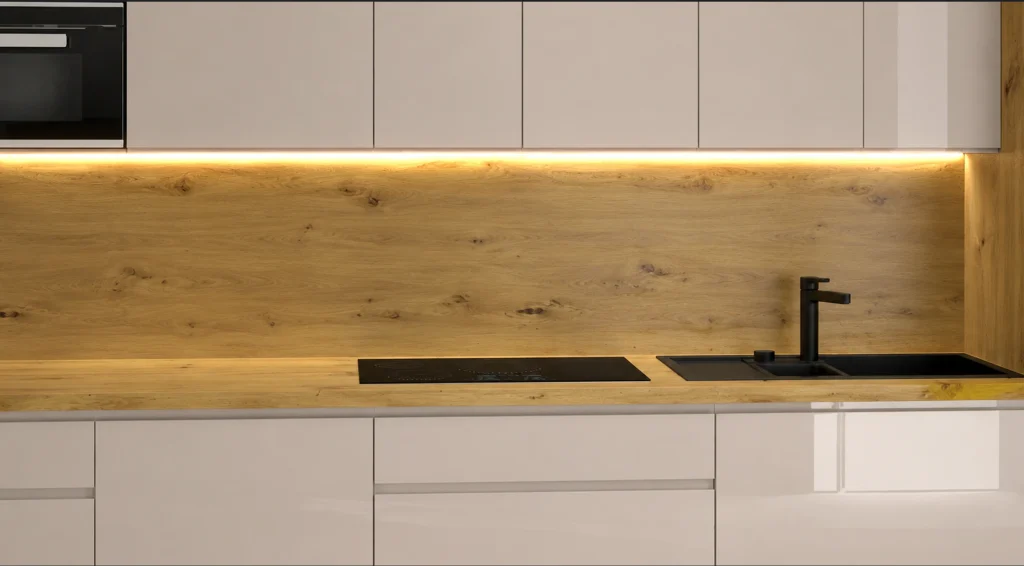 CARRINI KONYHABÚTOR CASHMERE MAGASFÉNYŰ AKRYL D1ZA60 1 FIÓKOS mosogatós szekrény 60 cm CARRINI cashmere modern konyhabútor fa hátfallal, fekete főzőlappal és mosogatóval