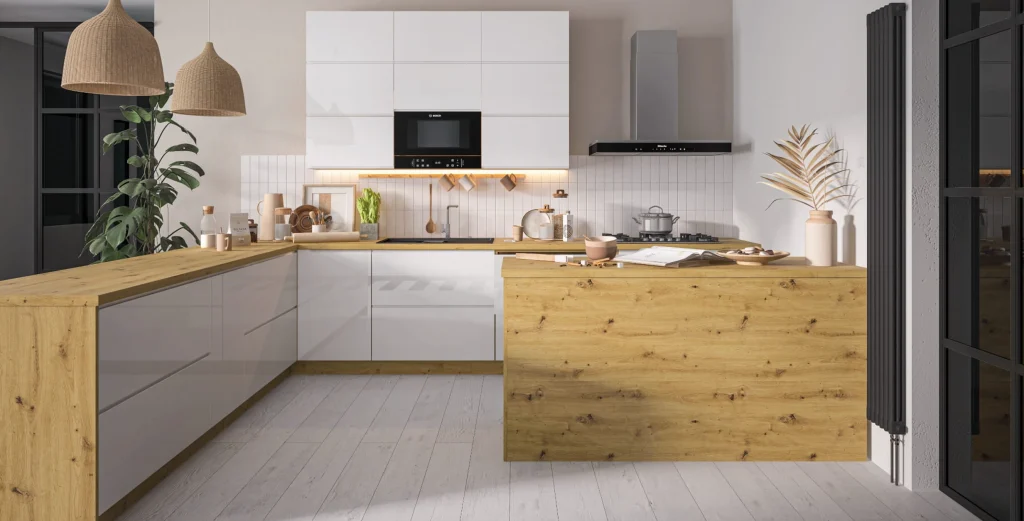 .CARRINI KONYHA MAGASFÉNYŰ AKRYL WHITE ÖSSZEÁLLÍTÁS 300x195 CM Konyhabútor Carrini fehér magasfényű konyhabútor konyhaszigettel